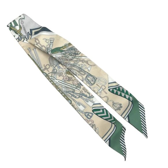 Auth HERMES Twilly - Cream Green Multi Silk Scarf - Picture 3 of 6